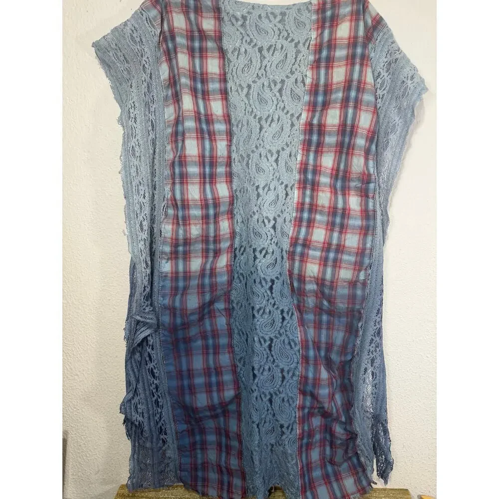 Free People Boho Lace Scarf Patchwork Plaid Cottagecore Oversized Blue Red 27x70
